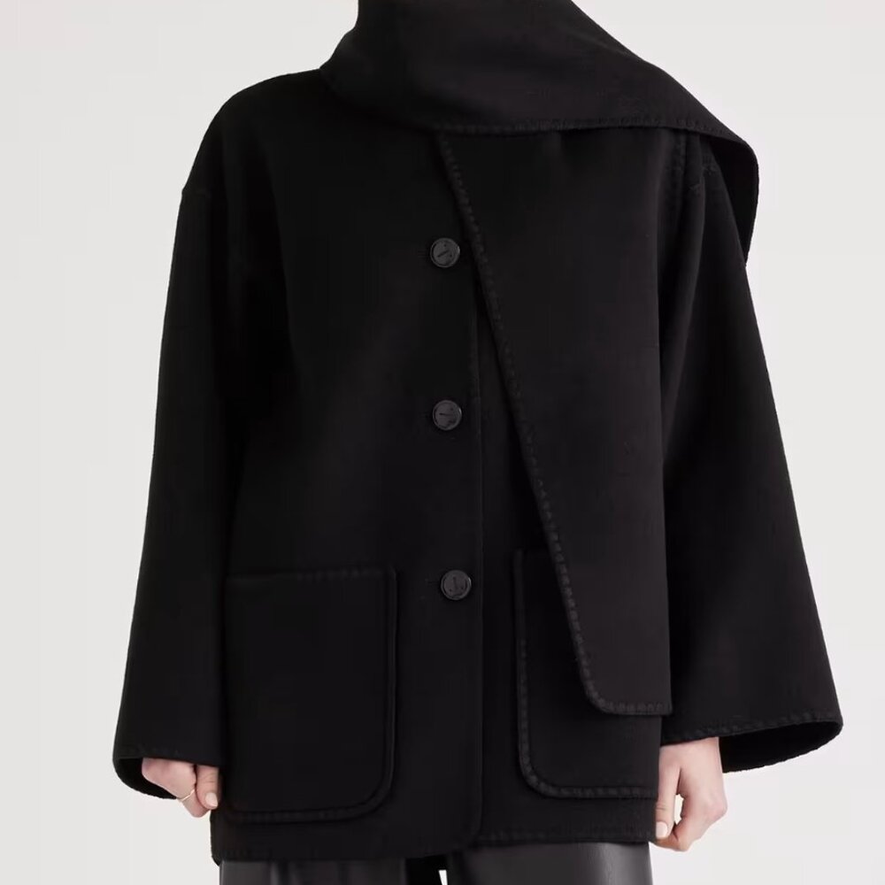 Quince Double-Faced Merino Wool Scarf Coat Black xs NWT